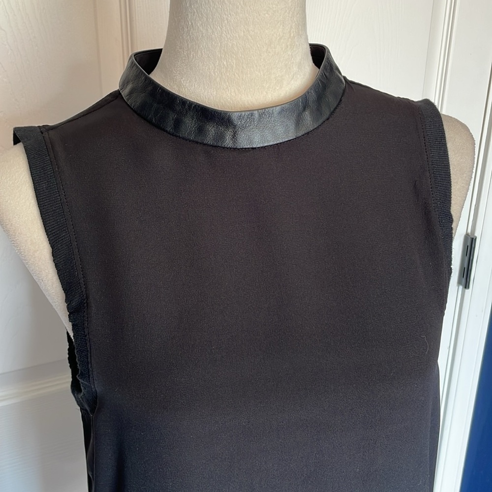 Tibi Silk Leather Collar Black Sleeveless Shirt Keyhole Back‎ Size 8